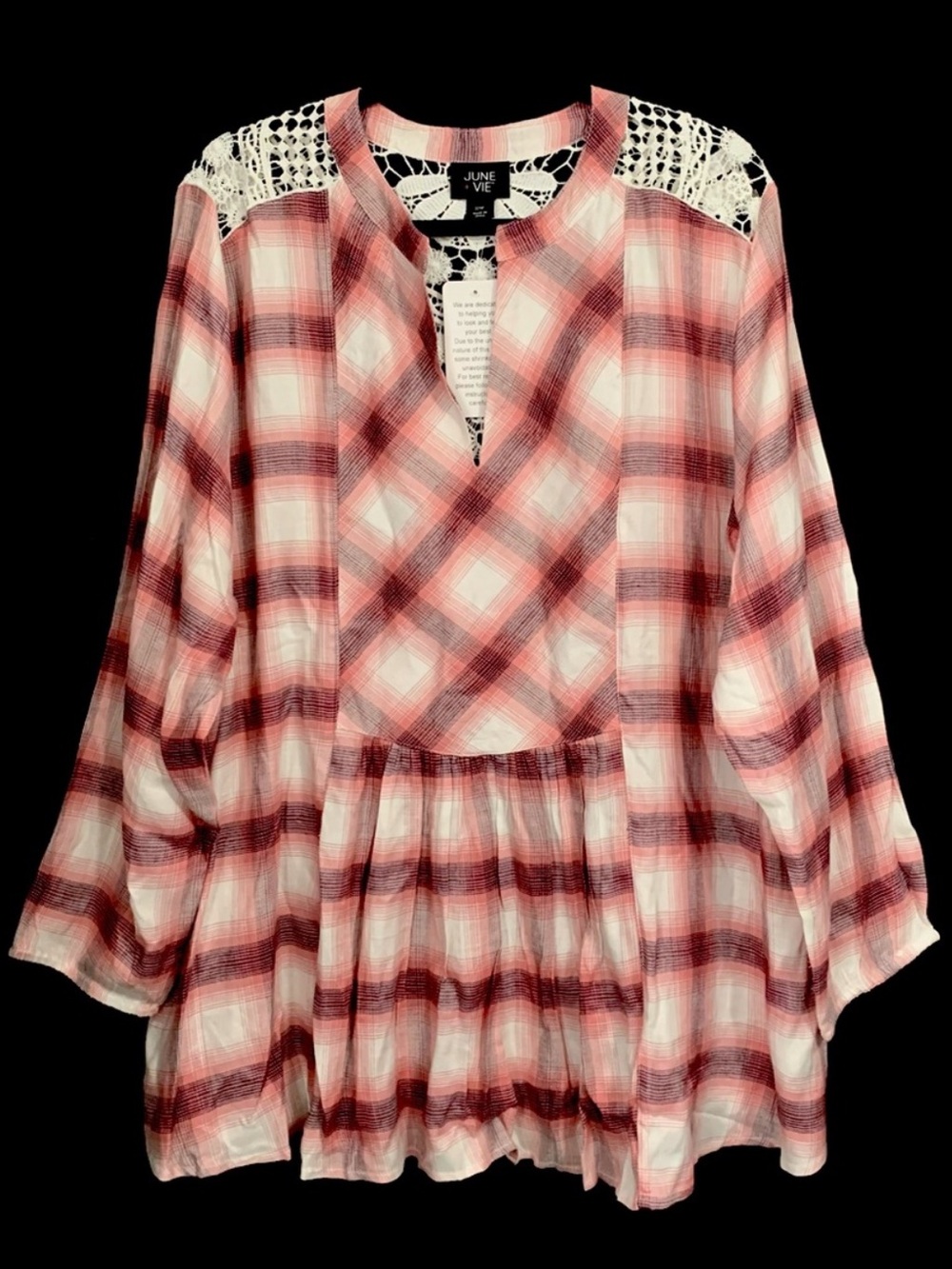 June + Vie Plaid Plaid Crochet Lace Embellished Tunic